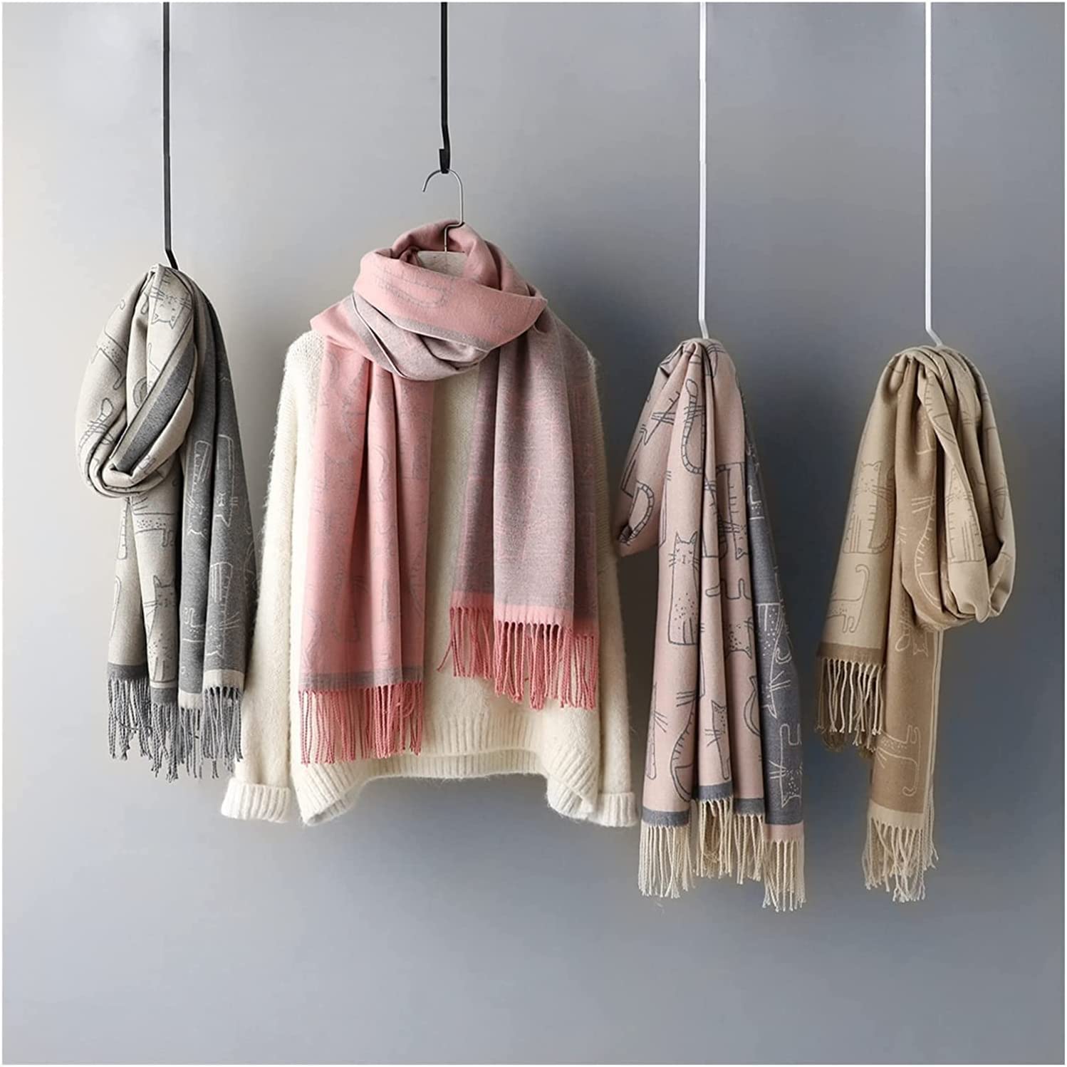 TIANYIA Schal Kaschmir-Polyester-Schal, Schals mit niedlichem Cartoon-Katzenmuster, Warmer, weicher und Dicker Schal, Damen-Wickelschal, 200 x 65 cm Zwanglos