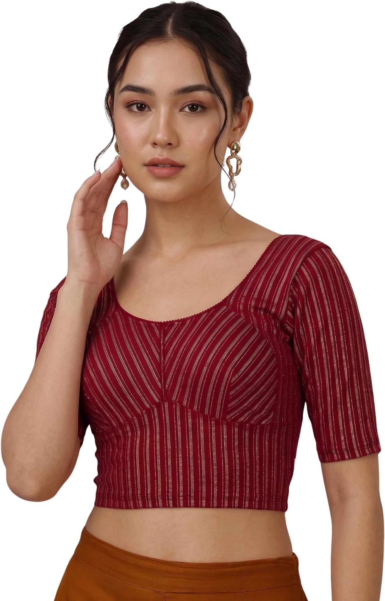 Women's Coton Lycra Blend Readymade Saree Blouse with Round Neck Half Sleeves Regular Fit Knit Weave Striped Pattern and Short Length