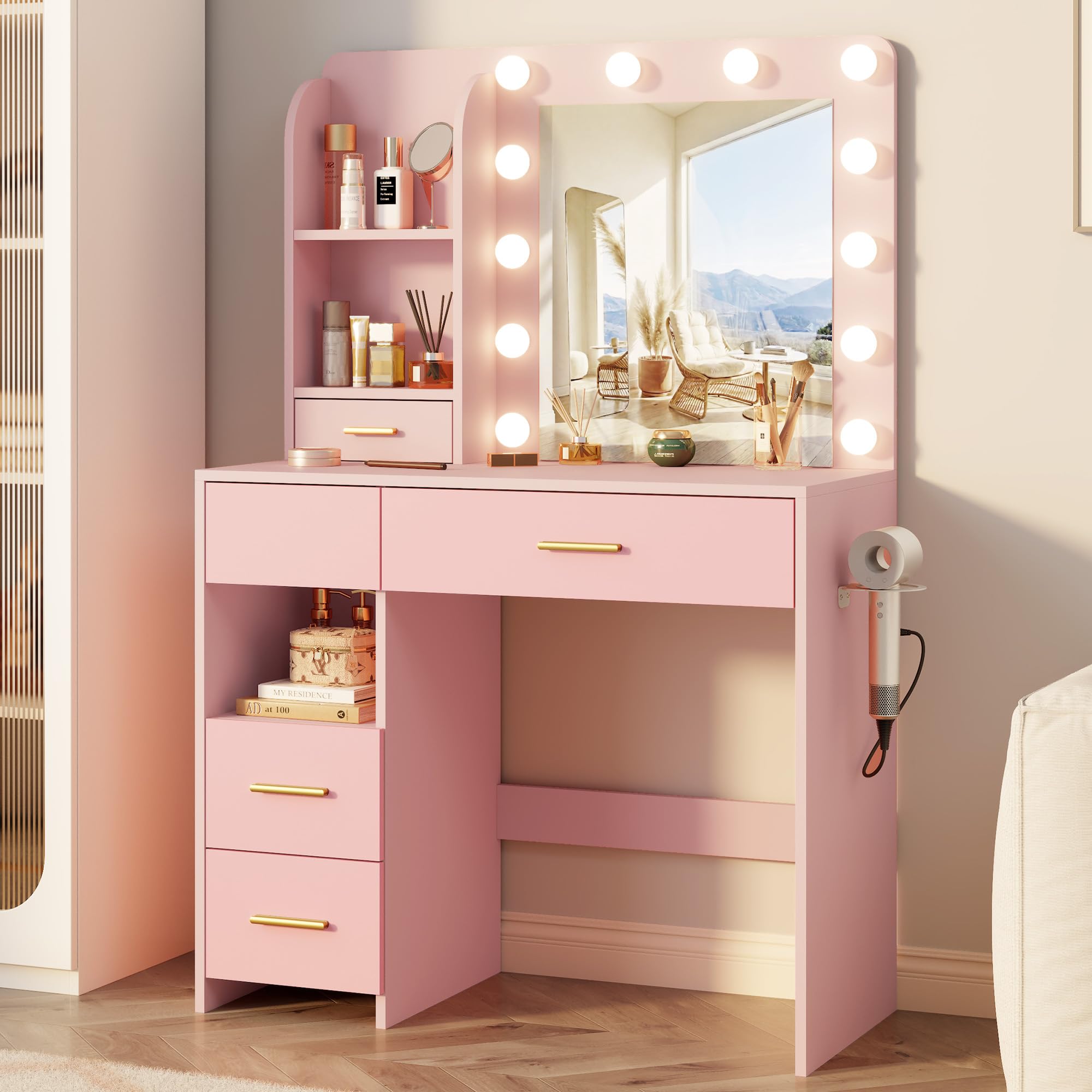 Otterease Vanity Desk with LED Lighted Mirror&Power Outlet, 3 Lighting Colors Makeup Vanity with 5 Large Drawers and 3 Storage Shelves, Vanity with