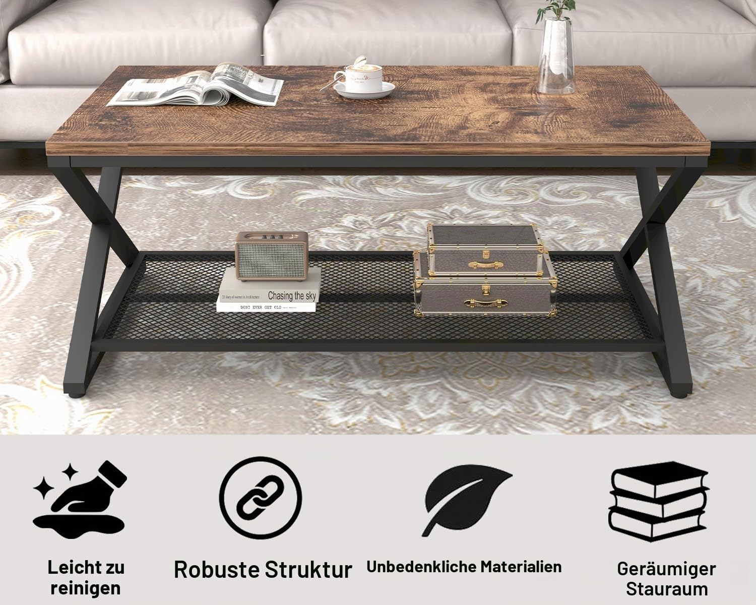 LVB Couchtisch Rechteckig mit Stauraum Wohnzimmer Möbel Wohnzimmertisch mit Stauraum Sofatisch Beistelltisch aus Holz Metall 100x60x45 cm