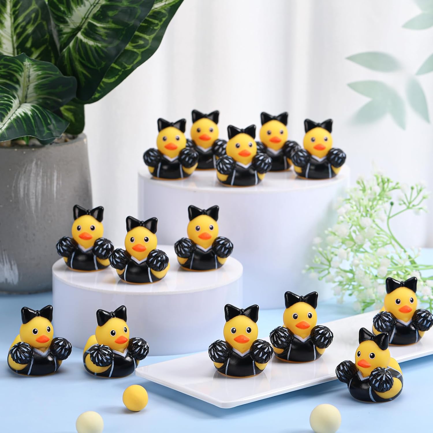 MiniInflat 12 Pcs Cheer Team Gifts Bulk Cheerleader Mini Rubber Ducks with Bows Cheer Party Favors Ducks Cheerleading Competition Gifts Accessories Goodie Bags Stuffers Party Decorations (Black)