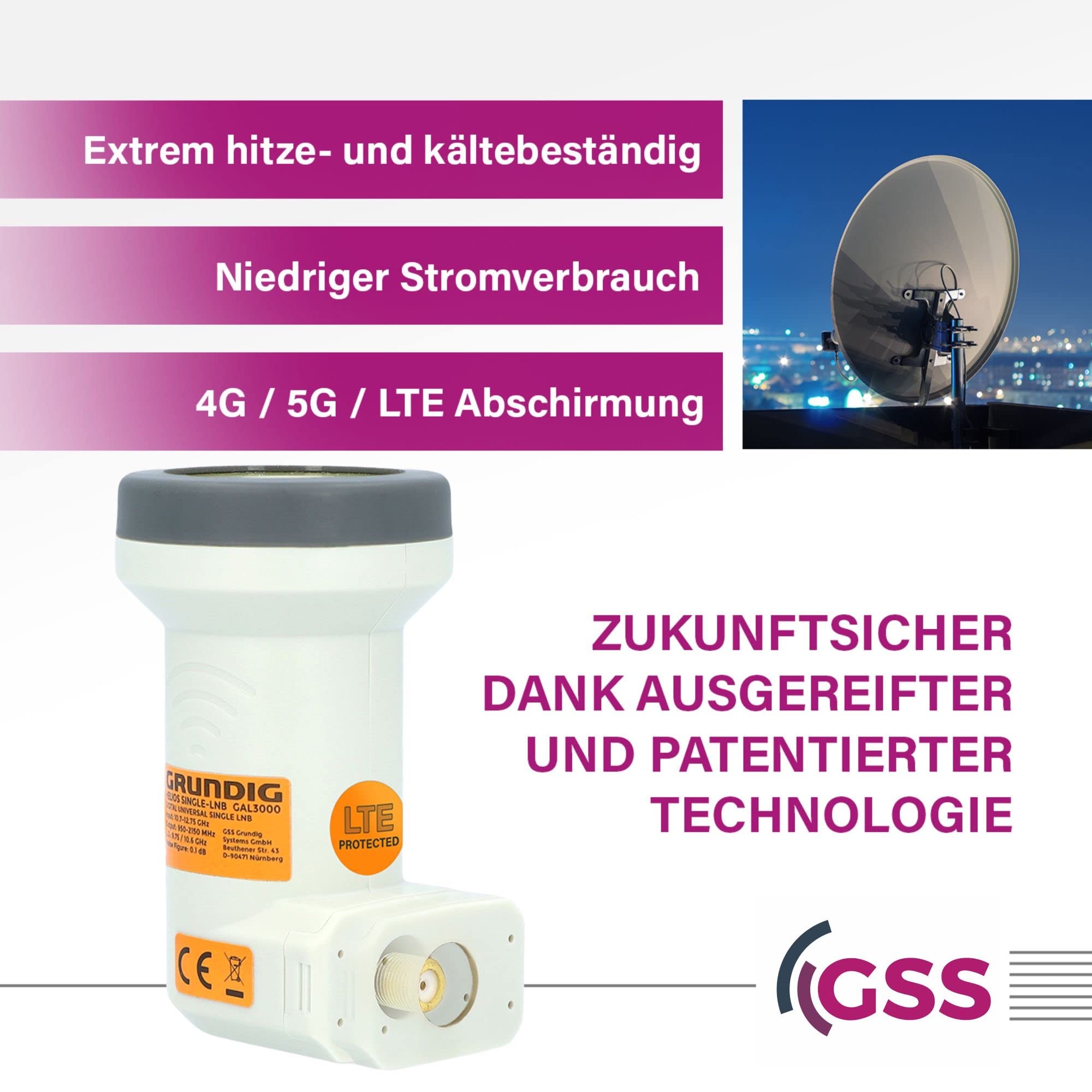 [ Test très bien, note 1.2 *] GSS Helios Single LNB avec blindage LTE et protection solaire UV, 1 compartiment HD, 4 K LMB pour 1 participant, (TV TV, récepteur satellite) LNC pour antenne parabolique