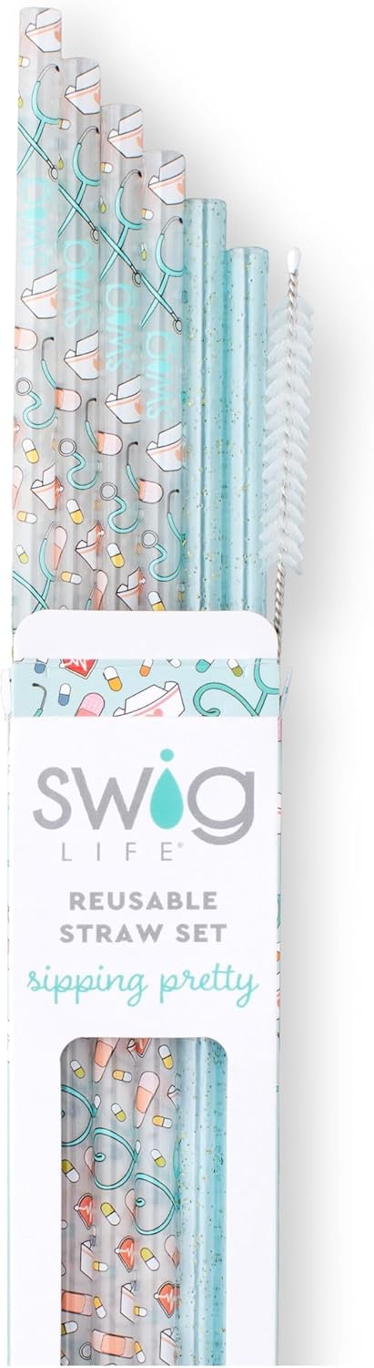 Swig Life Reusable Straws Scrub Life + Aqua Glitter Tall Straw Set & Cleaning Brush, Each Straw is 10.25 inch Long, Nurse Gifts for Women (Fits Swig Life 20oz Tumblers, 22oz, and 32oz Tumblers) - Image 3