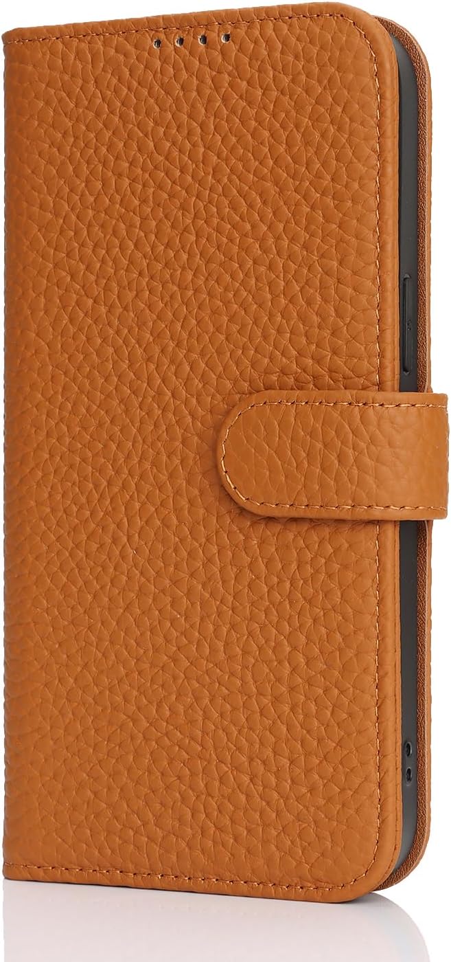 Zouzt Case for iPhone 12/12 Pro 6.1" Genuine Leather Wallet Case with 4 Card Slot, RFID Blocking Card Holder Magnetic Flip Folio Shockproof Phone Cover Women Men for iPhone 12/12 Pro - Amber - Image 9