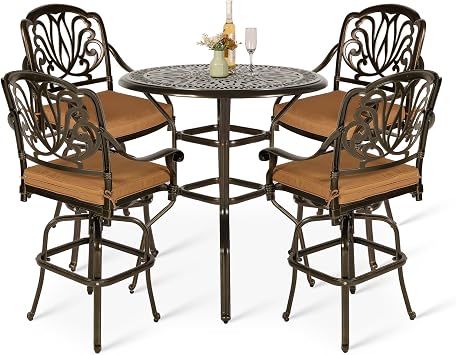 VIVIJASON 5-Piece Patio Swivel Bar Stools Set, All Weather Cast Aluminum Outdoor Bar Height Bistro Set with 4 Cushioned Bar Chairs & 35.4" High Bar Table w/Umbrella Hole for Backyard, Lawn, Garden