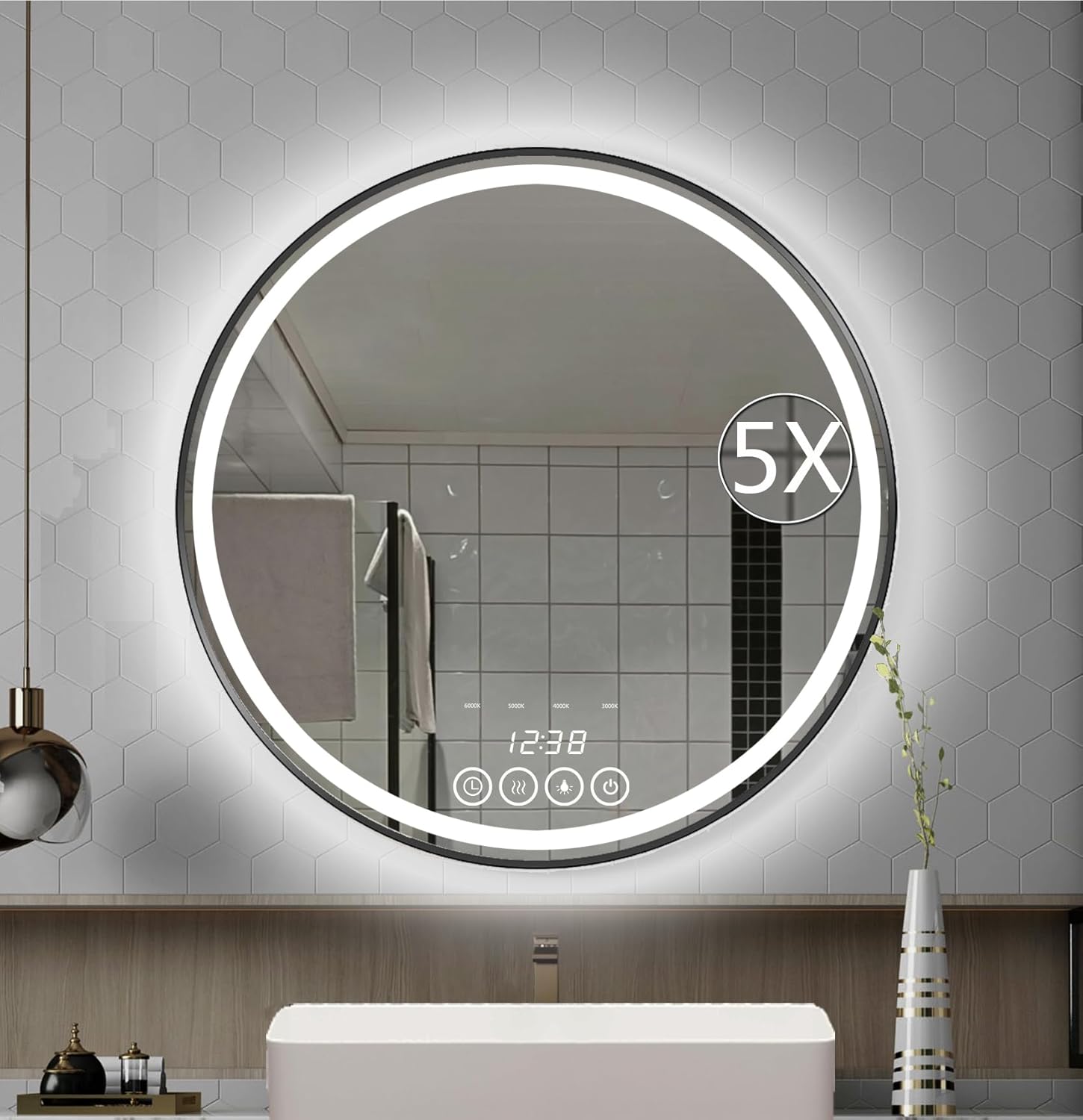 Amazon.com: Wall-Mounted Round Bathroom Mirror with LED-Lights - 24 ...