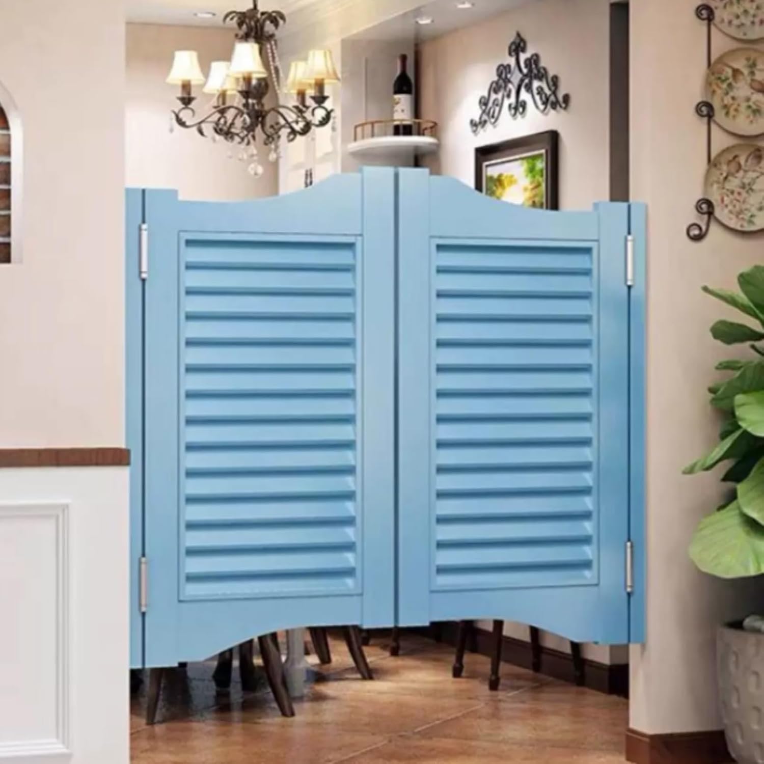 Rustic Pine Swinging Doors, Indoor Louvered Swing Door, Eco-Friendly Saloon Door, for Outdoor Garden Patio Entrance, Custom Cafe Swing Door - with Metal Hinges(Blue,W80Hx90cm/W31xH35in)