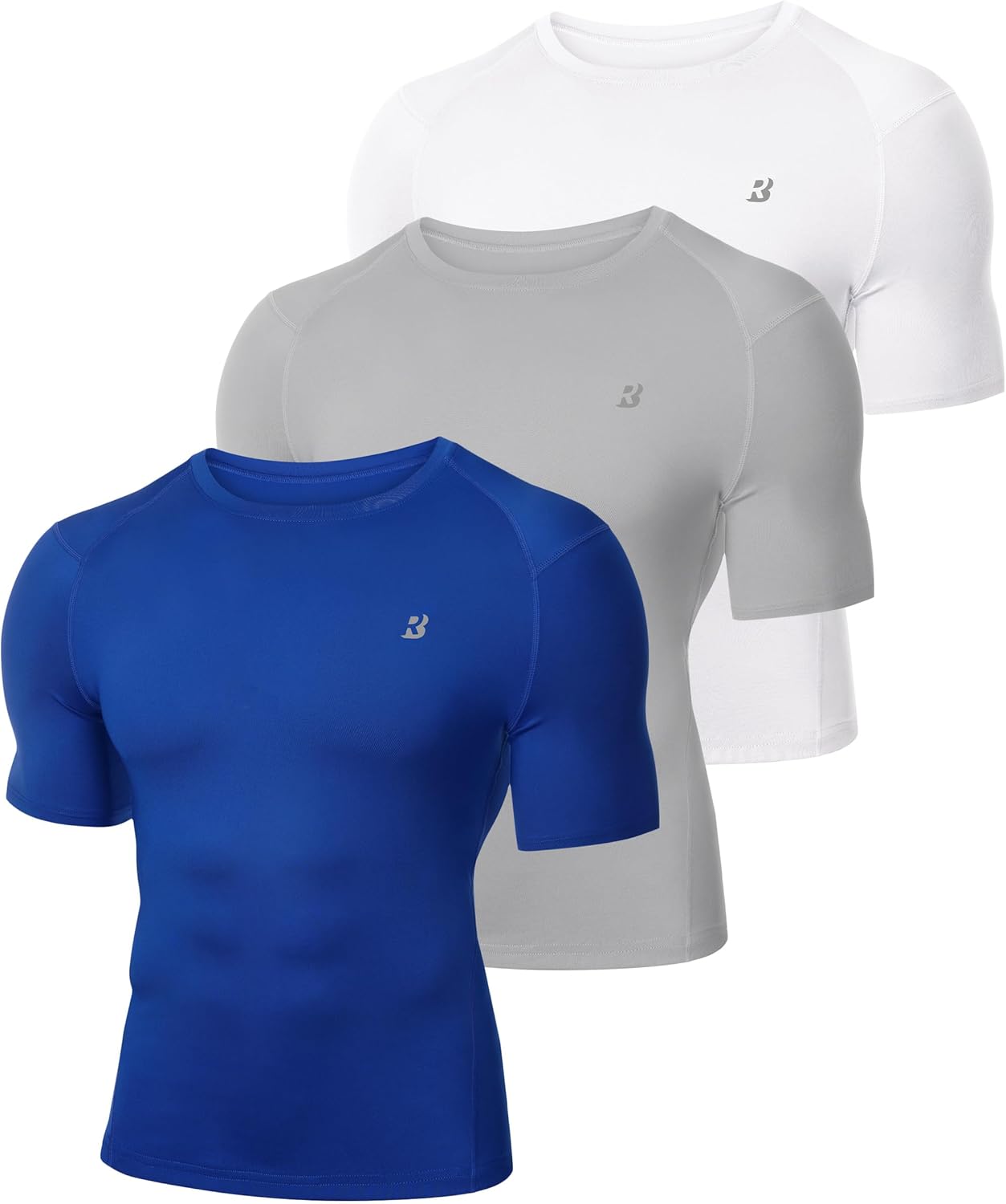 Roadbox 3 Pack Mens Compression Shirt Short Sleeve, Athletic Football Running Base Layer Cool Dry T Shirts for Sports Workout