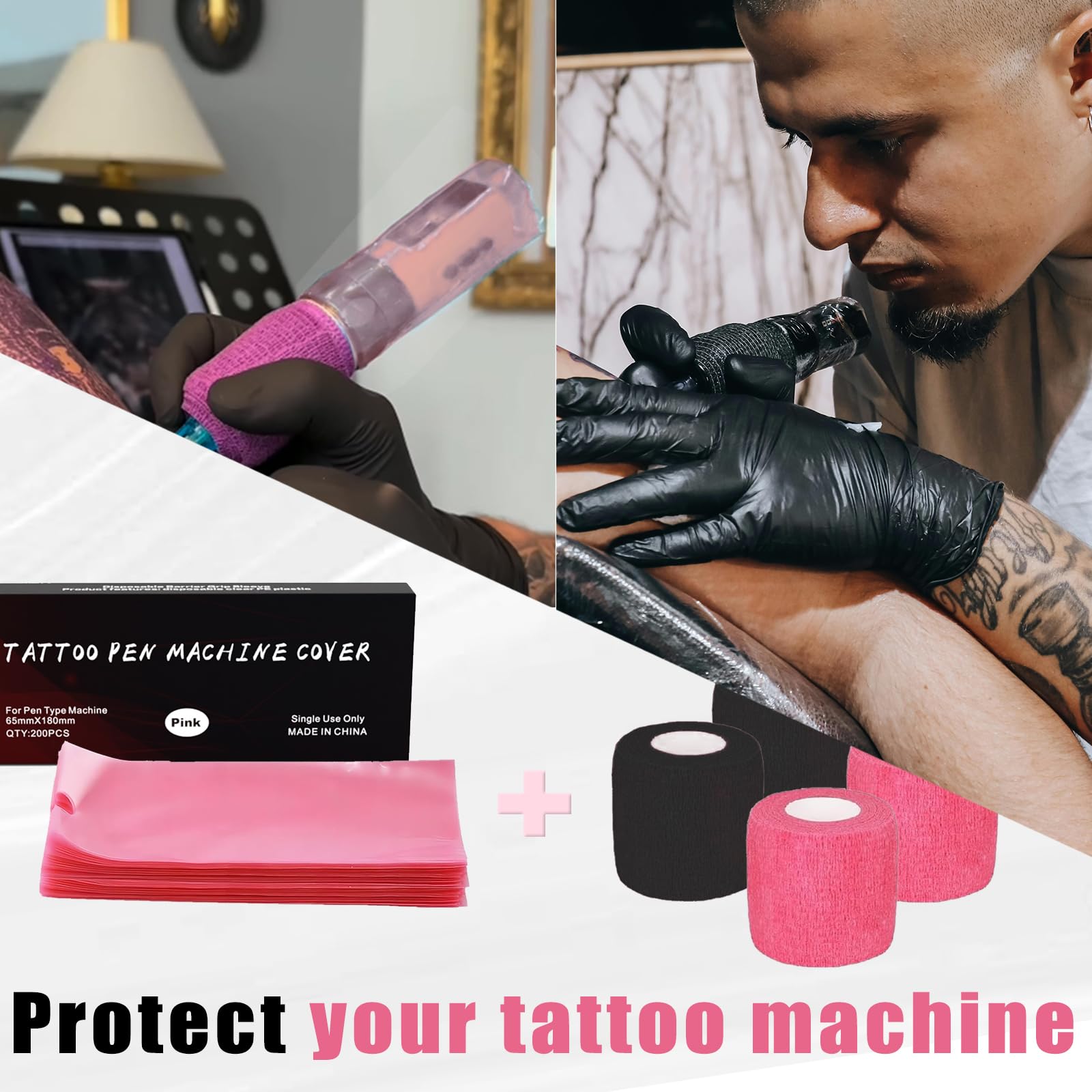 Coperture per Macchinette per Tatuaggi con Nastri di Presa - LEAYOKA 4 pezzi (5cmx4.5m) Tattoo Grip Tapes con 200 pezzi (6.5cmx18cm) Rosa Coperture Monouso per Macchine per Tatuaggi