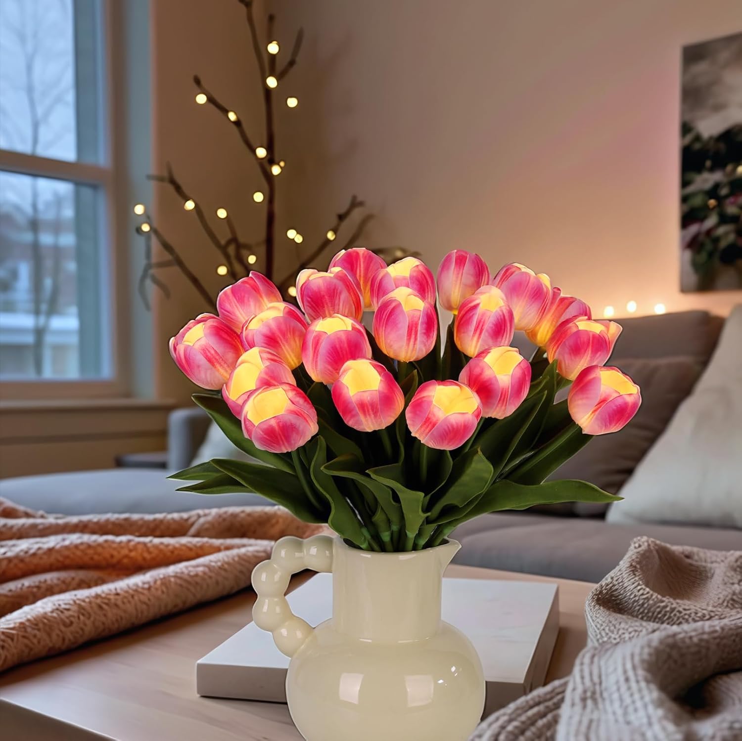 20pcs LED Lighted Artificial Flowers Tulip Lamp Real Touch Tulips Faux Flower Lights for Valentine's Day and Easter Home Kitchen Wedding Dining Table Decor(Hot Pink) - Image 3
