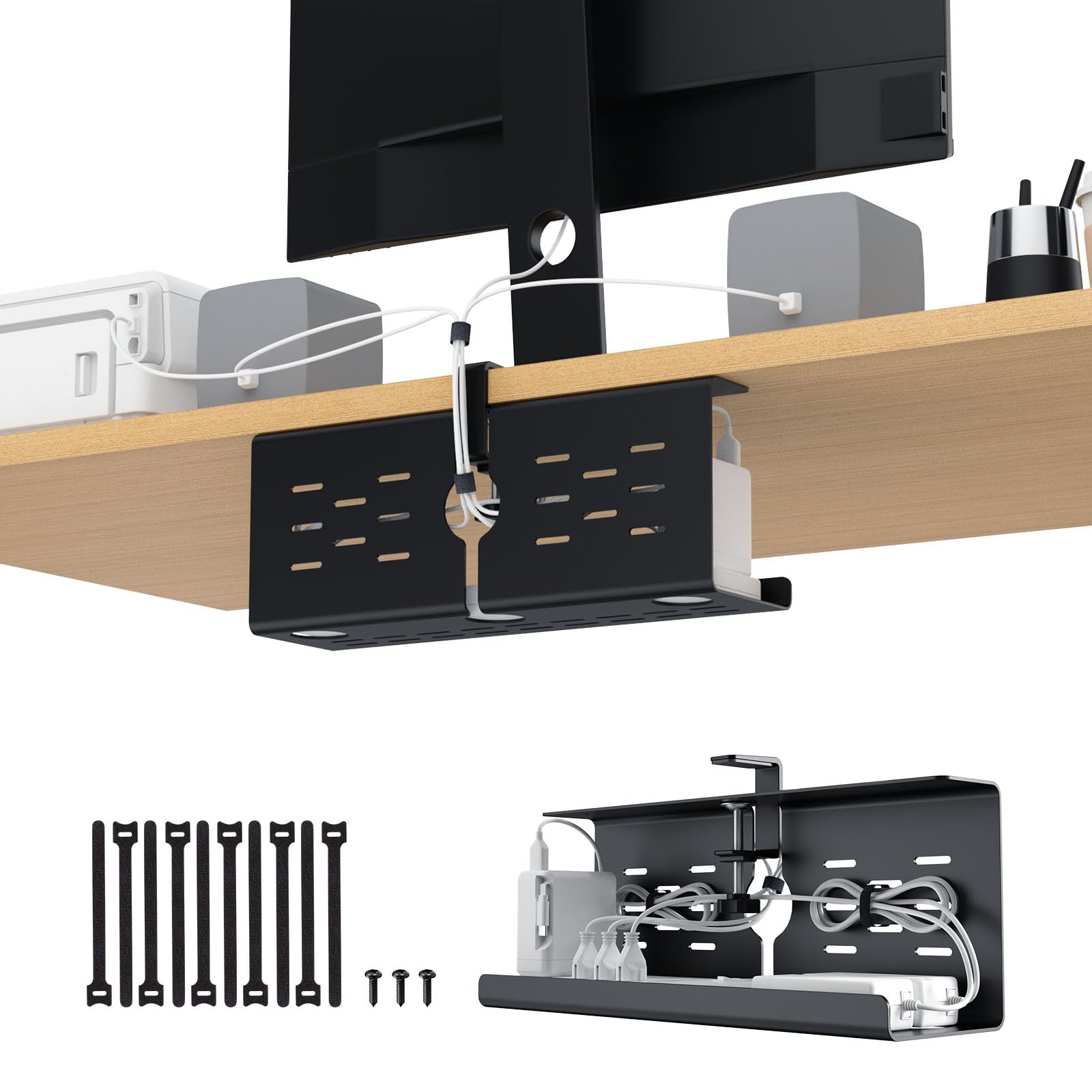 KEEGH Under Desk Cable Management Tray, 16" No Drill Desk Cable Baskets Upgrade Capacity, Clamp/Screw Mount Cord Organiser Desk, Gaming/PC Cable Tidy Tray Cord Hiders for Home Office, Black