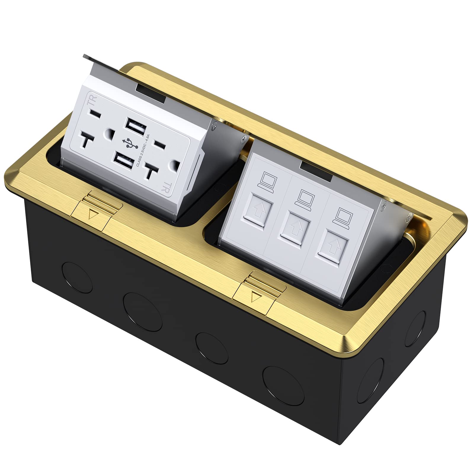 KYHSHJ Dual Pop-Up Floor Electrical Outlet Box Kit，20 Amp Stainless Steel USB TR Receptacle Outlet，3-Port RJ45 Datacom Receptacle，Waterproof Gasket with IP44 Waterproof Rating, ETL Listed, Brass