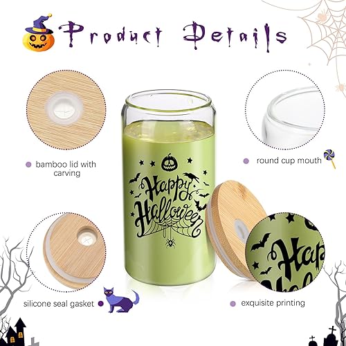 Miniatura 2 de Paquete de 4 vasos de vidrio de Halloween de 16 onzas, tazas de Halloween, tarros de calabaza fantasma con tapas y pajitas, vasos con forma de lata
