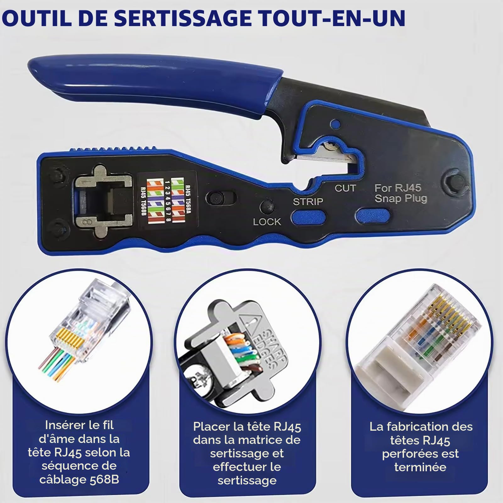 NEWFUN Pince RJ45, Pince à sertir RJ45, testeur RJ45, Testeur de Réseau, Pince à dénuder, Installation Professionnelle de Réseau, Cat5 Cat5e Cat6 Kit d'outils de Sertissage, 20 x Connecteurs RJ45