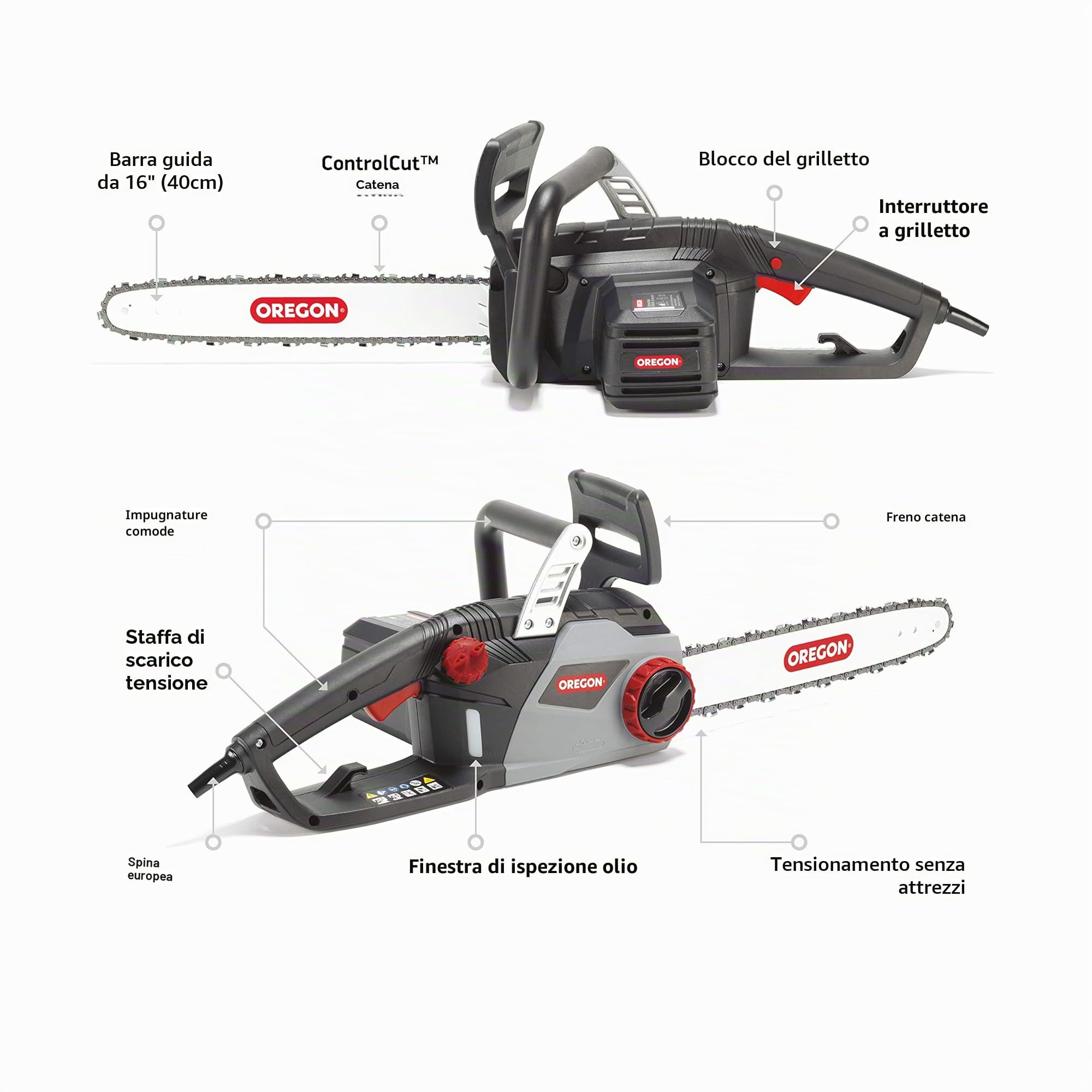 Oregon Motosega Elettrica da 2400W con Cavo e Barra Guida da 16 " (40 cm), Catena ControlCut, Leggera, Silenziosa e a Basso Contraccolpo, Oliatore Automatico, Garanzia di 3 Anni (CS1400)