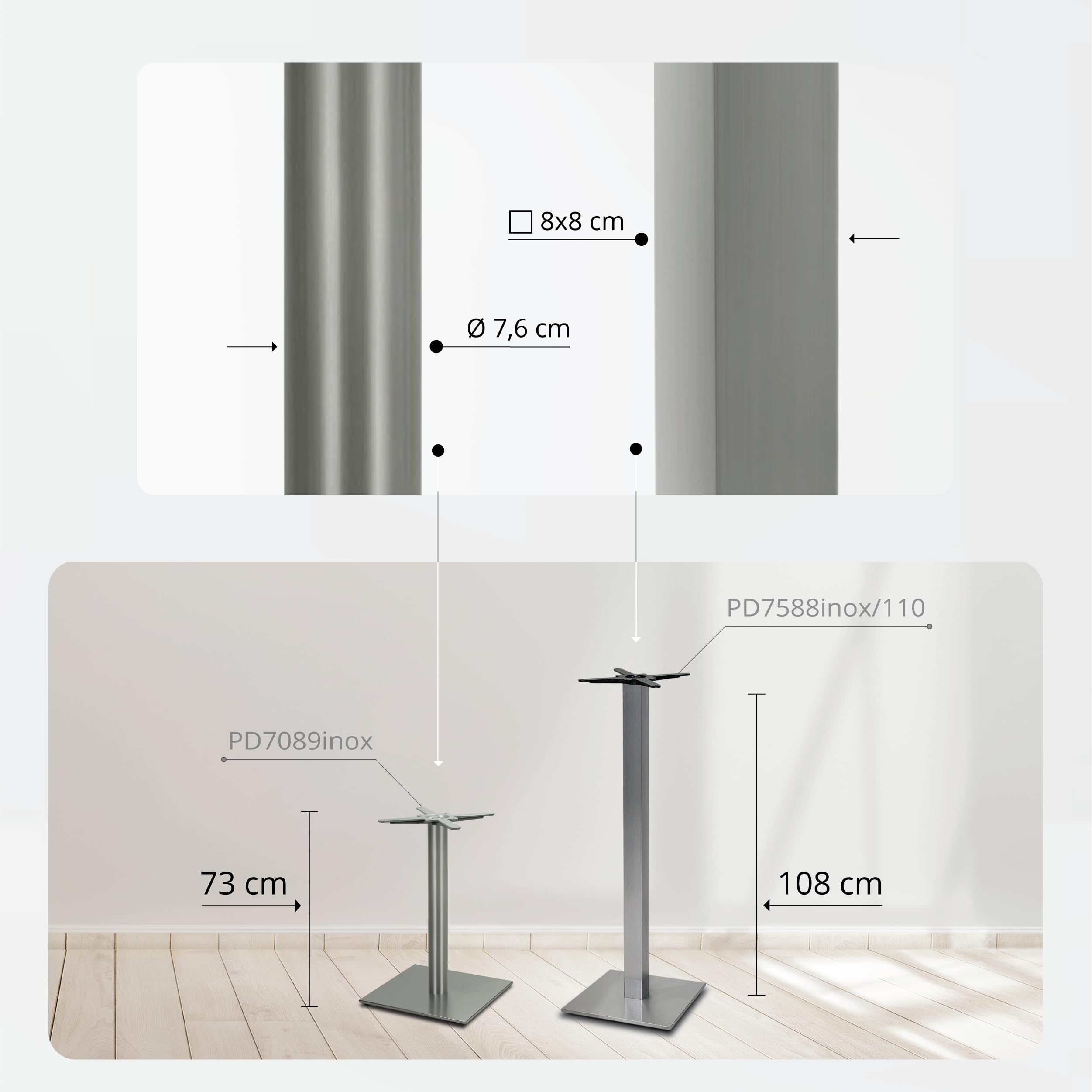 Tischgestell Tischbein Edelstahl | Premium | PD7089inox | INOX | Esstisch | Höhe 72 cm | 21 kg | Bodenplatte 45x45 cm | max. Tischplattengröße 90x90 / Ø 110 cm
