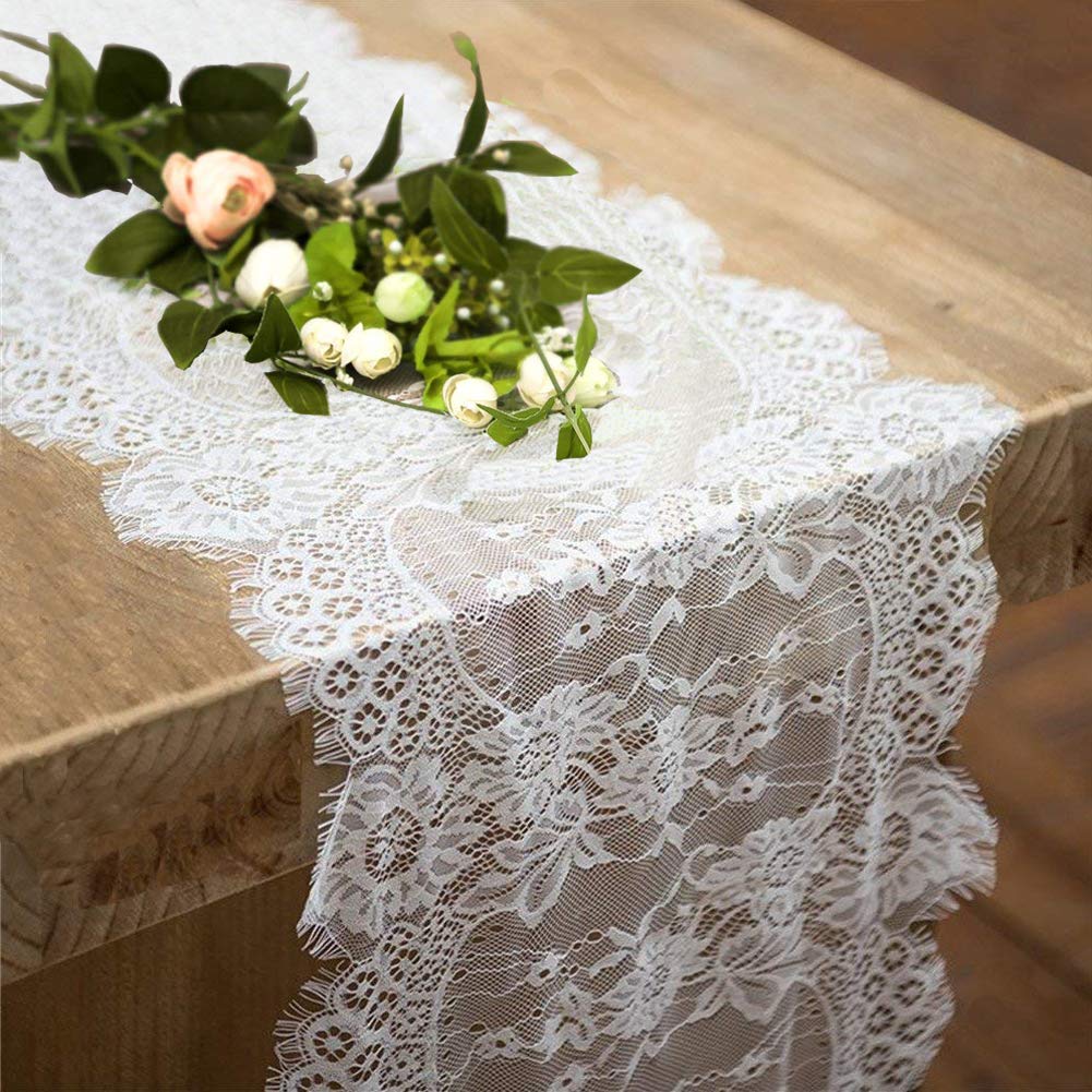 Fowecelt Lace Table Runner White - 10 Pack 14 × 120 Inch White Classy for Rustic Boho Wedding Bridal Shower Party Decorations, Vintage Embroidered Reception Table Runners Decor