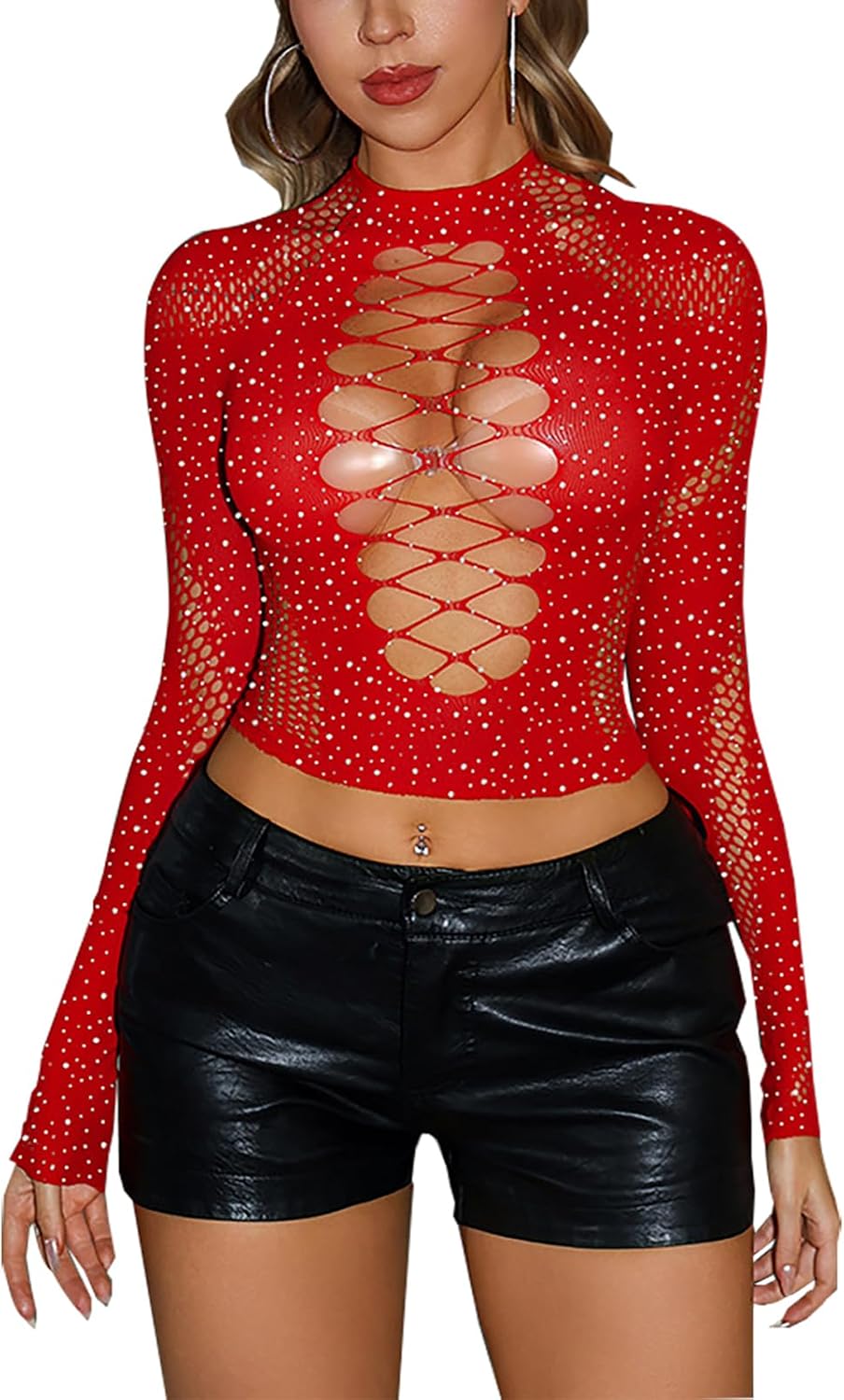 Women's Fishnet Lingerie Sexy Bodysuit Sparkle Rhinestone Bodystocking See Through Mesh Lingerie