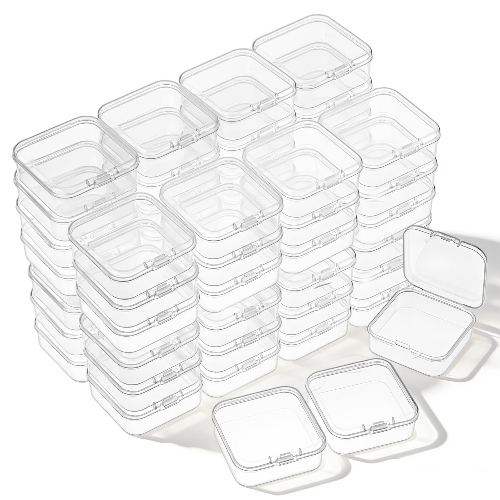 100 Pcs Clear Plastic Beads Storage Containers Box Small Clear Boxes with Hinged Lid Plastic Case Mini Square Arts Crafts Storage Organizers for Small Items(2.1 x 2.1 x 0.8 Inch)