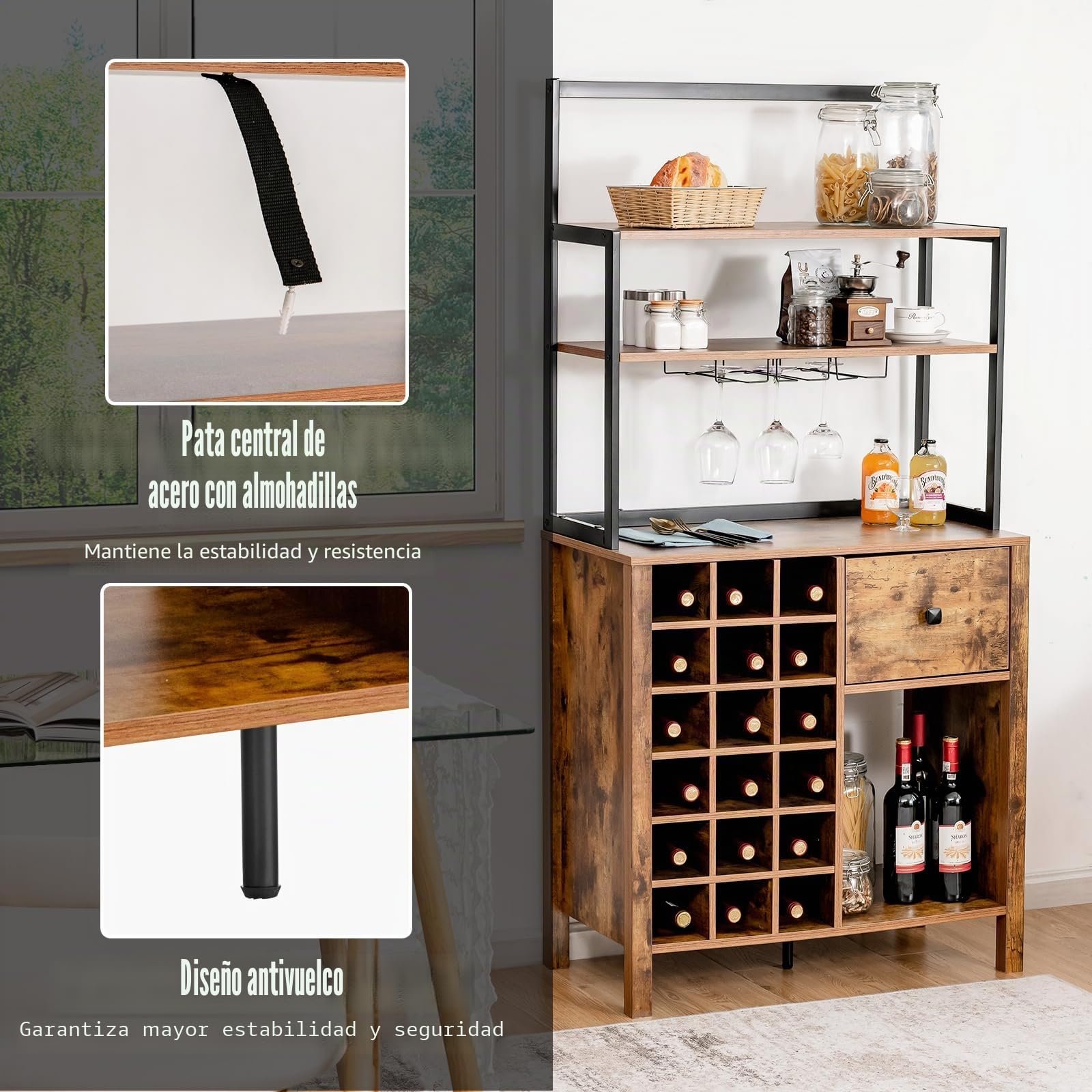 KOMFOTTEU Mueble de Cocina para Vino, Armario de Bar para 18 Botellas con Soporte para Copas, Armario Buffet con Cajón y Estantes Abiertos, Soporte para Microondas para Comedor, 74 x 40 x 160 cm