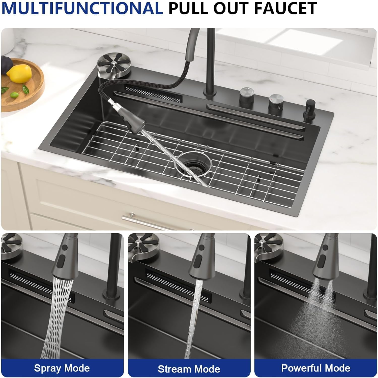 Dcolora 33 Inch Waterfall Kitchen Sink Luxury Black Kitchen Sink Drop In With Faucet Smart Topmount Sinks Workstation Multifunctional Stainless Steel Sink Overmount With Dual Control, DC-SFDOE00025