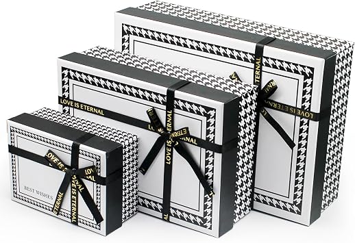 Giftilious Gift Box Set -3 Sizes Sturdy Gift Boxes with Lids for Presents - Elegant Black/White Boxes for Gift Wrapping