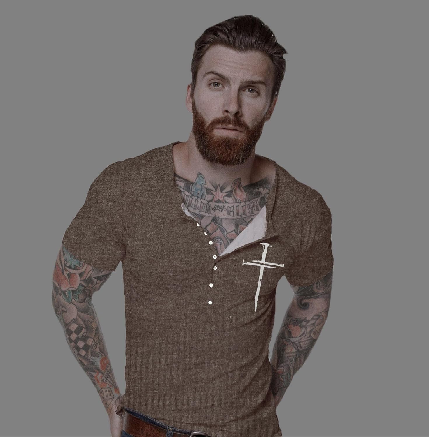 Mens Christian Graphic Henley Shirts Vintage Short Sleeve Tee Shirts Casual Button Down Washed T-Shirts for Men Brown Medium - Image 2