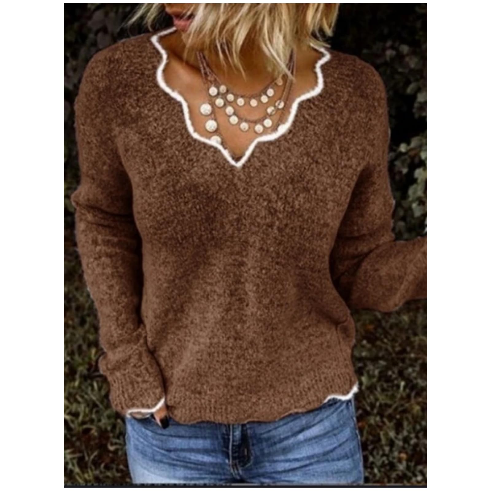 Sweter damski sweter sweter z dekoltem w serek z długim rękawem na co dzień luźny wygodny sweter sweter-różowy-XL