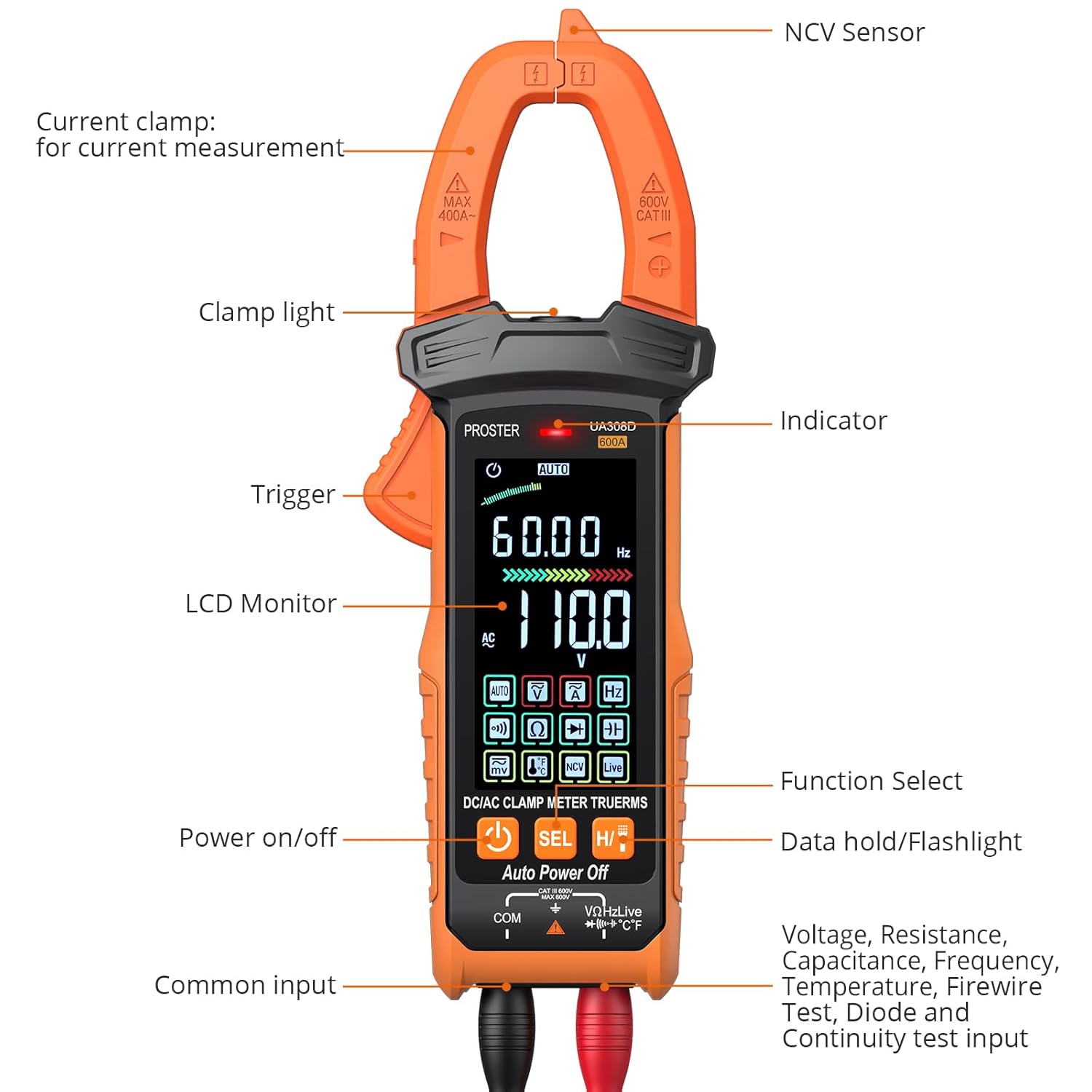 Proster Digital Clamp Meter - 600A DC AC Current 600V AC DC Voltage NCV Continuity Capacitance Resistance Frequency Diode Hz Test