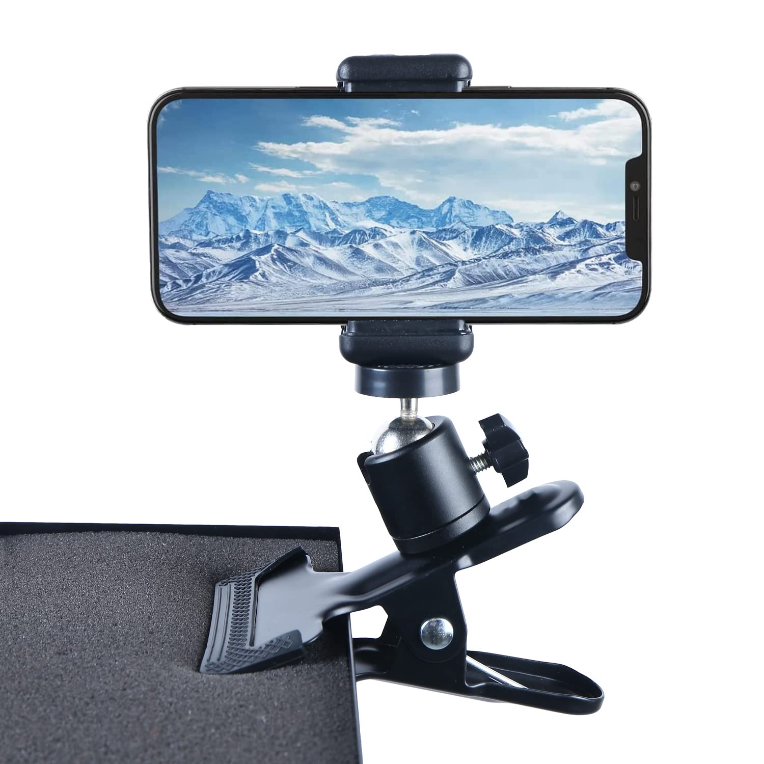 PRAQECZ Clip Clamp Phone Holder, Cell Phone Stand for Desk/Table/Glass Door/Desktop Baffle/Easel，360° Adjustment Metal Clamp Mount Compatible with 3.5