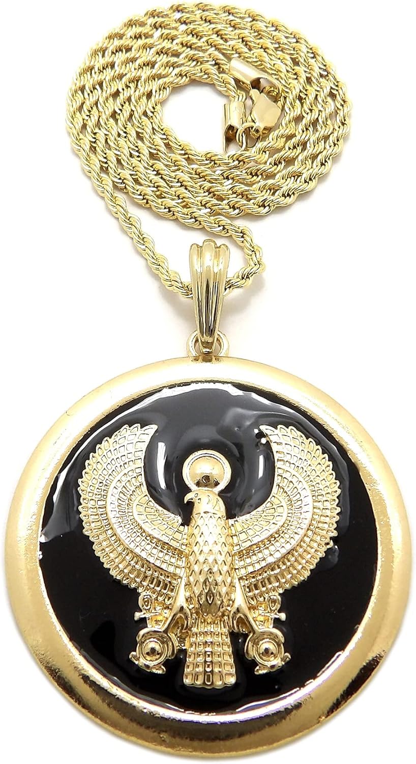 CBC Crown Cleopatra Falcon Round Medallion Pendant 16"/18"/20" 24" Necklace in Box, Cuban or Rope Chain Gold Or Silver Tone