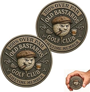 Over Par Old Bastards Golf Coin – Funny Golf Challenge Coin for Men with Whiskey Design, “Over Par” & “Lifetime Member” Inscription Perfect Gag Gift for Golfers, Friends (2pcs)