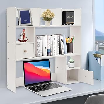 Wood Adjustable Bookshelf Bookcase, Expandable Desktop Storage Organizer Display Shelf Rack, Office Supplies Desk Organizer, Freestanding Bookcase, Desktop Display Shelf Rack, White