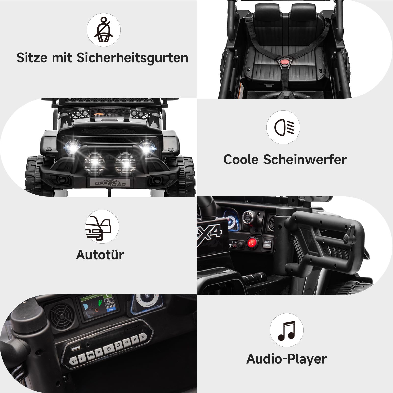 HAUSPROFI Kinder Elektroauto 12V, Elektroauto für Kinder mit 2,4G Fernbedienung, LED, Bluetooth, Musik, 3-5 km/h, Kinderauto Elektrisch, Elektro Kinderauto für ab 3 Jahren, Schwarz