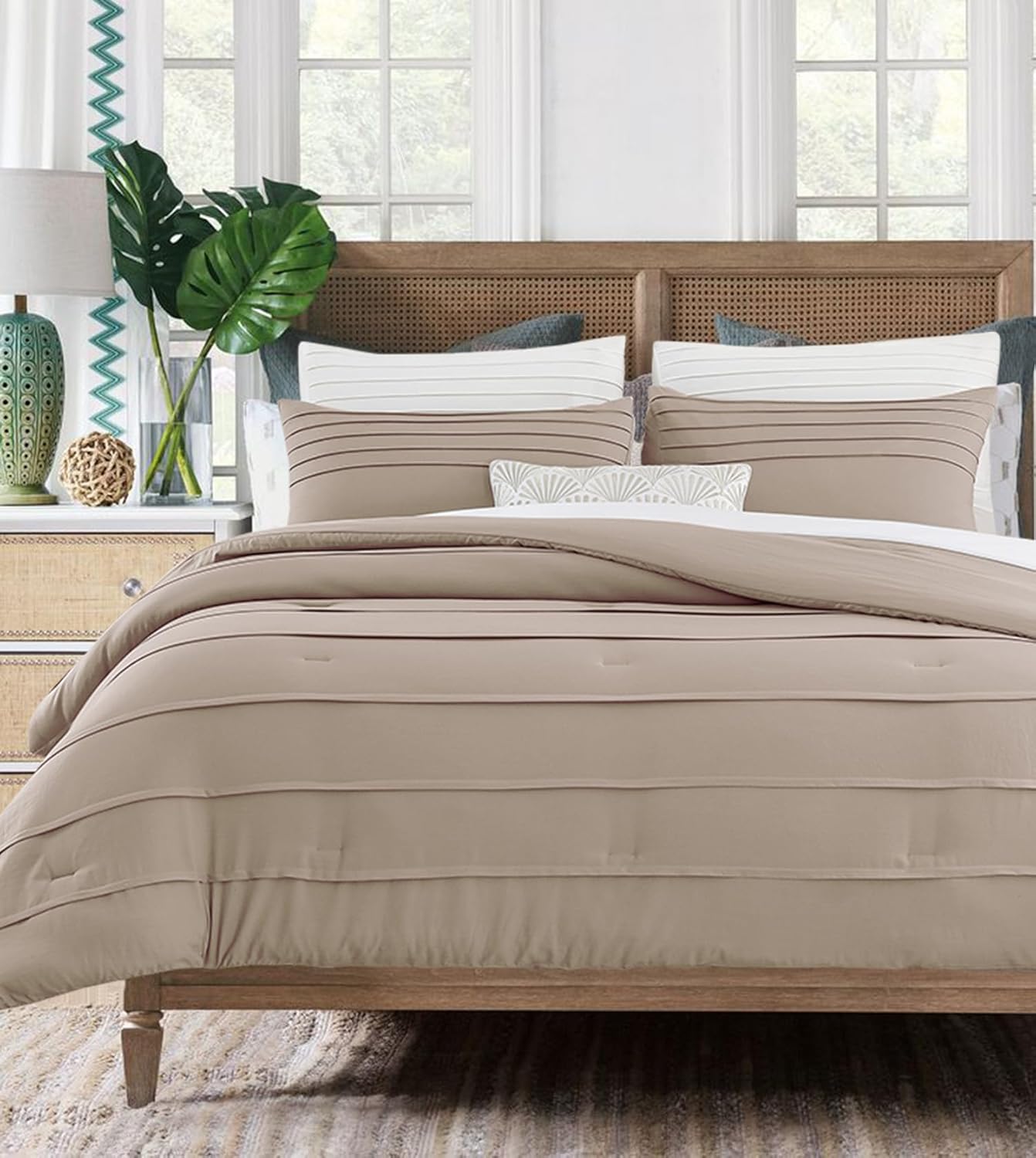 ALEISSEL Stripes Taupe Comforter Queen Size,Pleated Queen