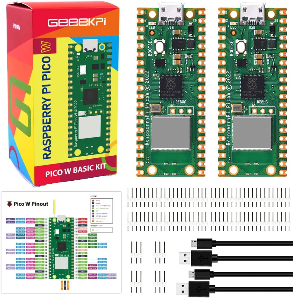 GeeekPi2Pack Raspberry Pi Pico W Kit - RP2040 Chip, Wi-Fi Wireless Connectivity, Pico W Board, 20pin & 3pin Pin-Headers, USB Cable Included