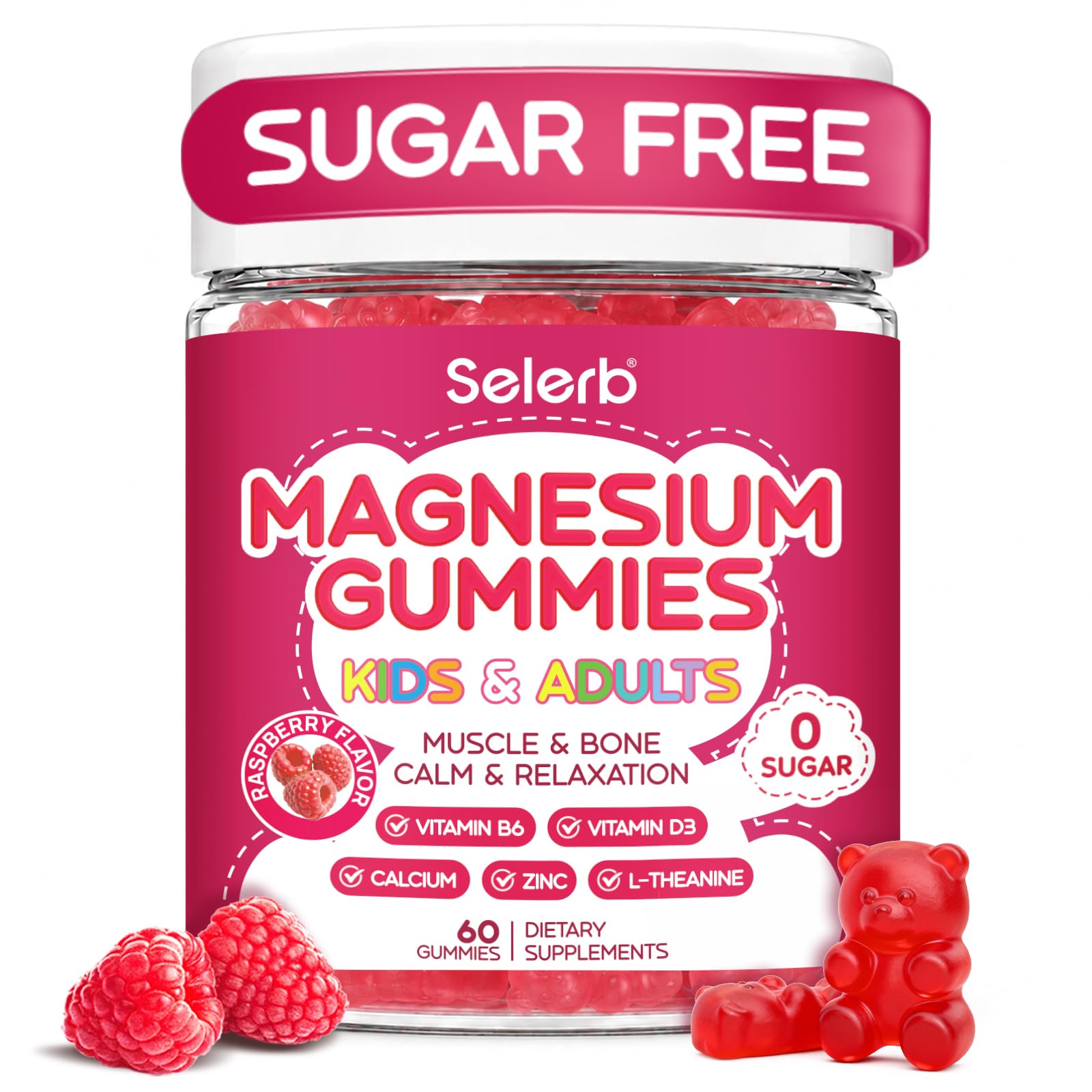 Magnesium Glycinate Gummies for Kids & Adults Melatonin Free Calm Magnesium Gummies with Citrate, Malate, B6, D3, Calcium & L-Theanine for Sleep Relaxation, Bone & Muscle Magnesium for Kids 60 Counts 60 Count (Pack of 1)