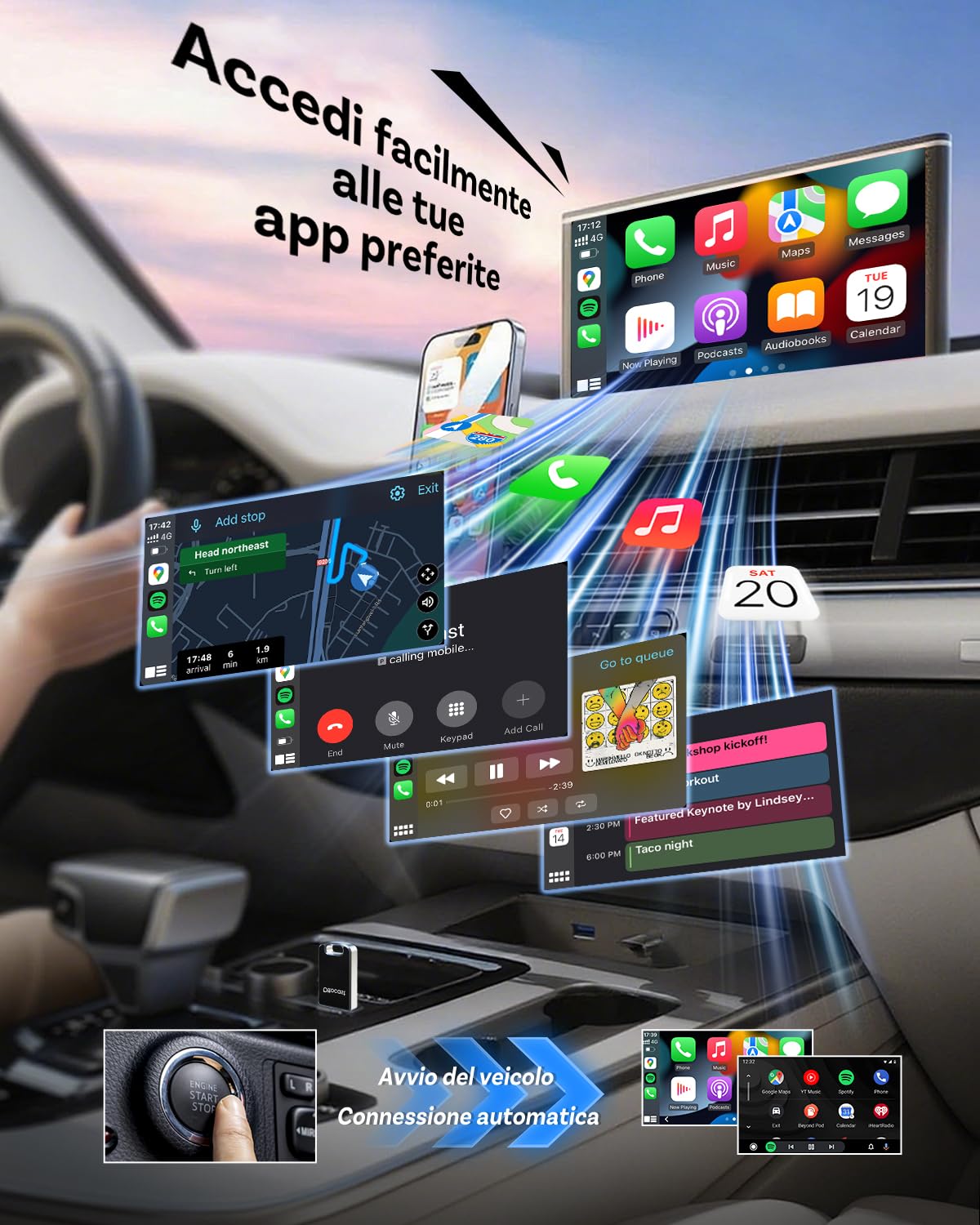 Ottocast Mini Edge 2025 Aggiornato, Adattatore Wireless 2 in 1 CarPlay & Android Auto per iOS 10+ e Android 11+, Supporto Multi-Utente, Plug & Play Trasforma CarPlay/Android Auto cablato in wireless