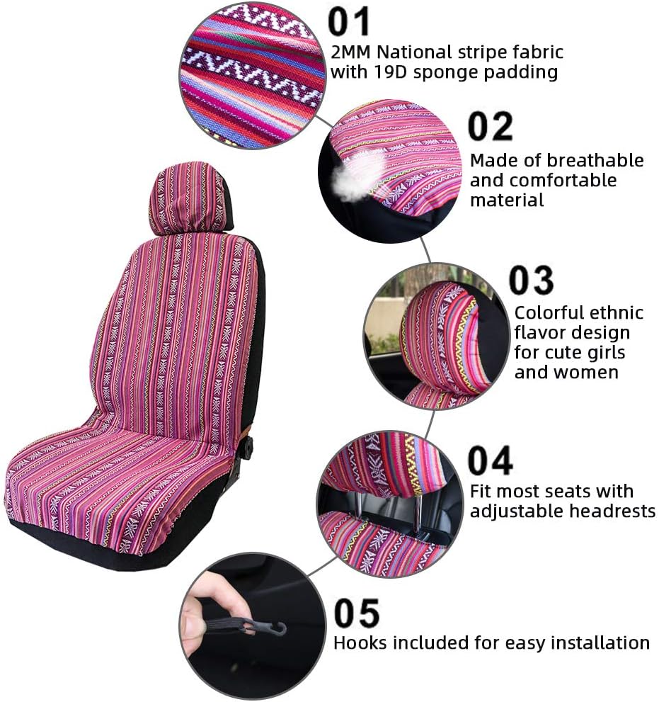 Pink Car Seat Cover Hippie Boho 4PCS Cute Western Accesories for Women Girls' GIF, Automotive Interior Covers Stripe Multi-Color Breathable, Universal fit for Sedan, Vans, Trucks, SUV thumbnail