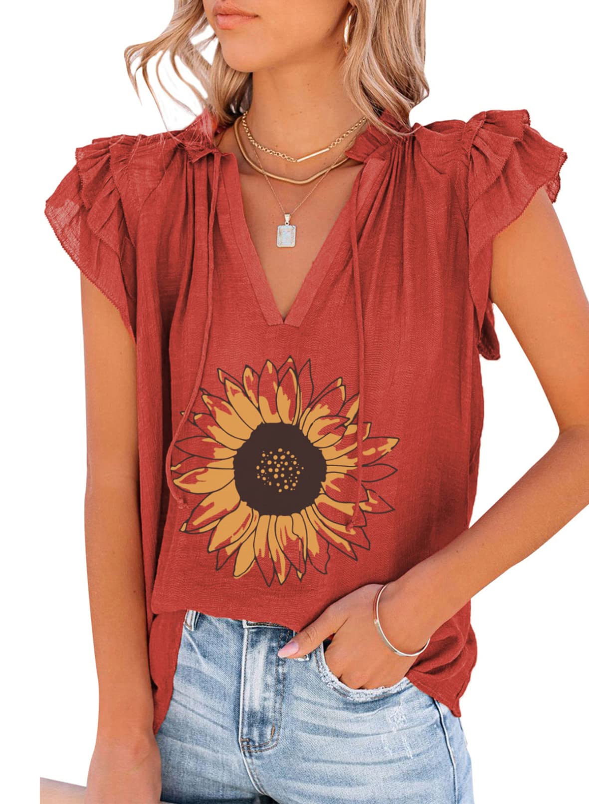 DokotooWomen's Casual V Neck Tops Drawstring Short Sleeve T Shirt Blouses