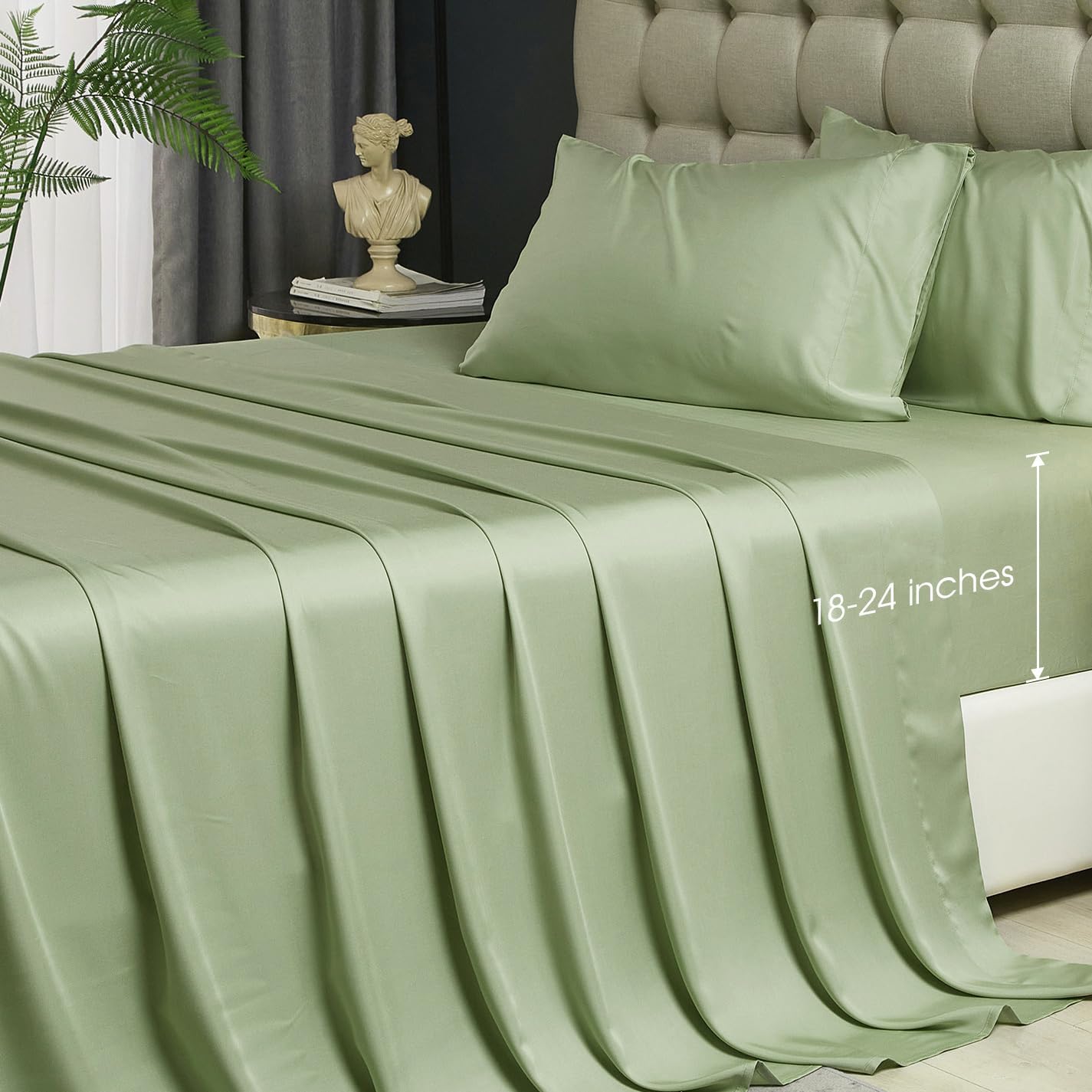 HYPREST Sage Green Queen Sheets - Rayon Derived from Bamboo, Silky Soft Breathable No Sweat Cooling Sheets for Hot Sleepers, Extra Deep Pocket Fits 18"-24" Thick Mattress