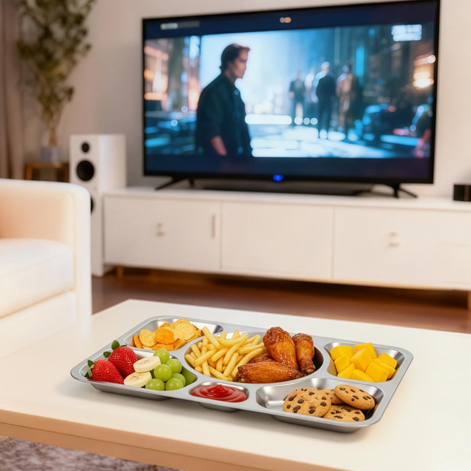 Hacaroa 4 Stück Edelstahl Geteilt Abendessen Teller, 38 x 27 cm Snack Servierplatte mit 6 Fach, Metall Lebensmittel Tabletts für Kinder, Erwachsene, Camping, Diät Portion Control