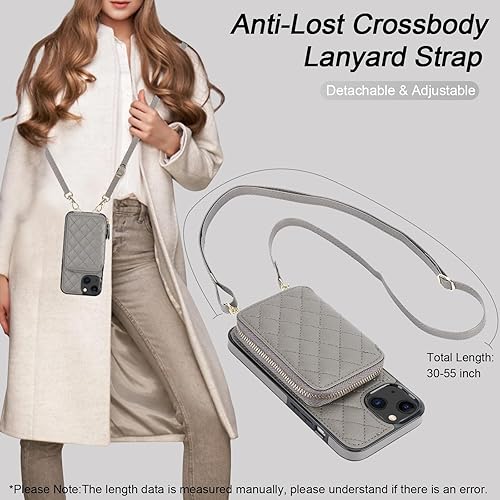 Miniatura 6 de Bocasal Funda tipo cartera cruzada para iPhone 13, con bloqueo RFID, de piel sintética, con cremallera, funda tipo cartera con función atril y