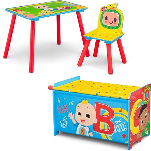 Delta Children - Juego de sala de juegos CoComelon de 3 piezas para niños pequeños, incluye mesa, silla y caja de juguetes, color verde