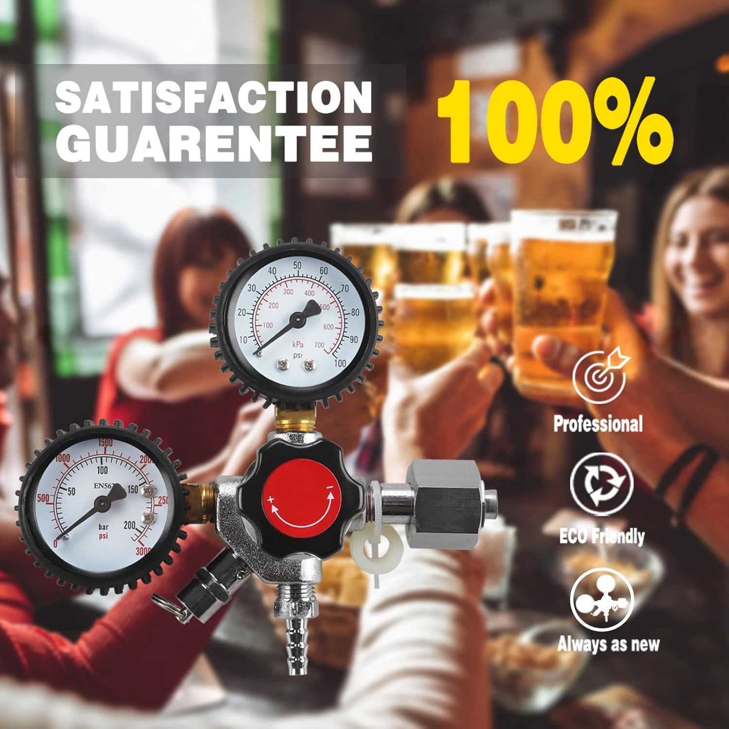 LUCKEG Dual Guage CO2 Regulator Draft Beer CGA320 Regulaor Keg Gas Air Kegerator Regulaor with Pressure Relief Valve Red gas line and Worm Calmps，Chrome，for Homebrew Keg Kegging