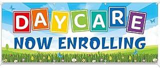 2 x 6 Feet Daycare Now Enrolling Banner Sign with Grommet Polyester Fabric Weatherproof Daycare Sign for Schools Childcare Centers Business