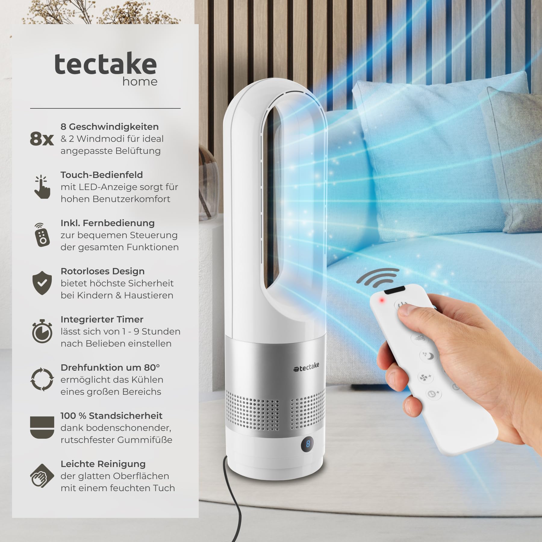 tectake® rotorloser Ventilator mit Fernbedienung, Turmventilator, cooling ace Lüfter, Luftkühler, mobiles Klimagerät, Standventilator sehr leise für Schlafzimmer geeignet, Tower Fan, Air Cooler - weiß