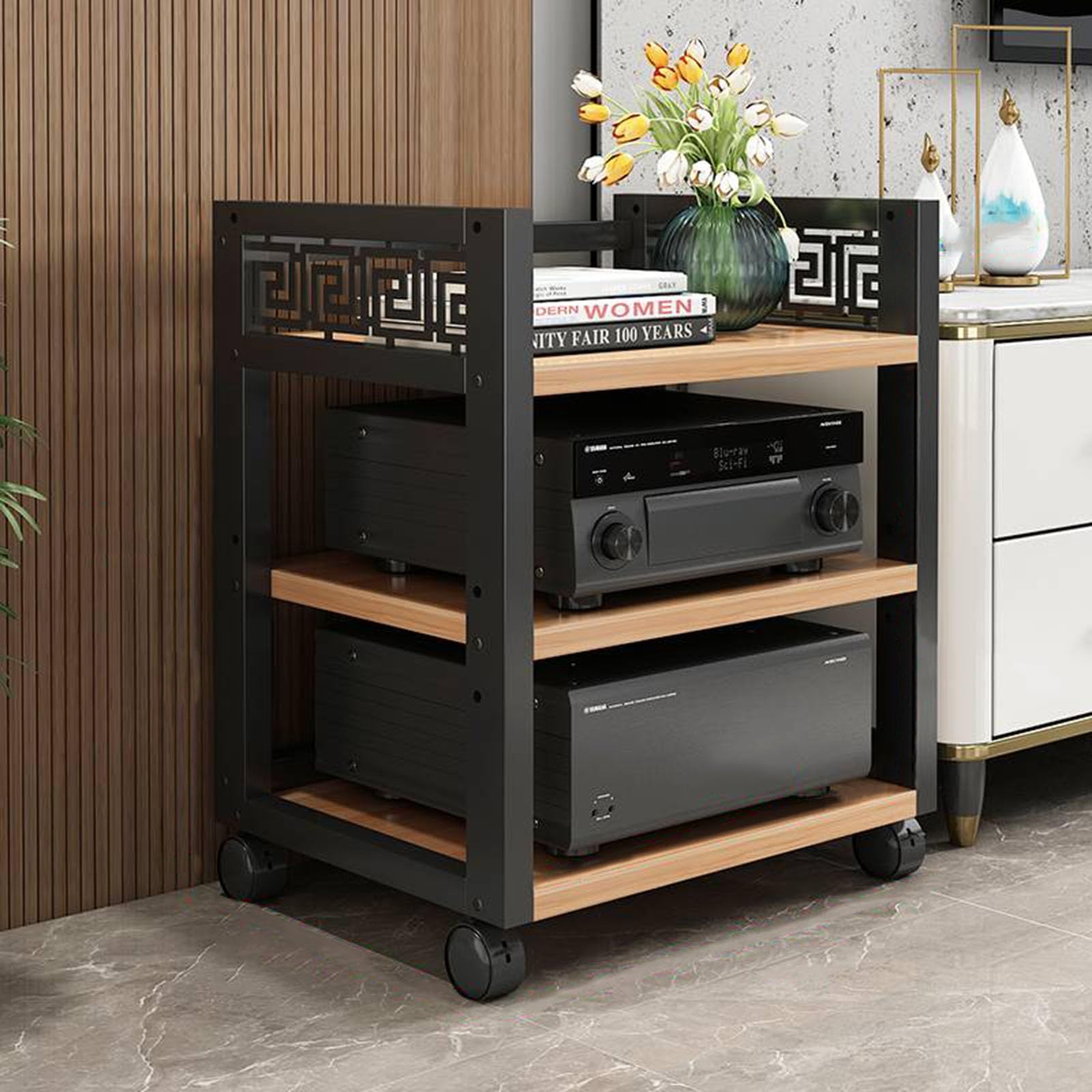 3-Tier CD Rack Audio Tower Movable AV Media Stand Corner TV Record Player Stand Stereo Component Cabinet with Height Adjustable Steel Shelf for Home/Office/Theater(Color:A)