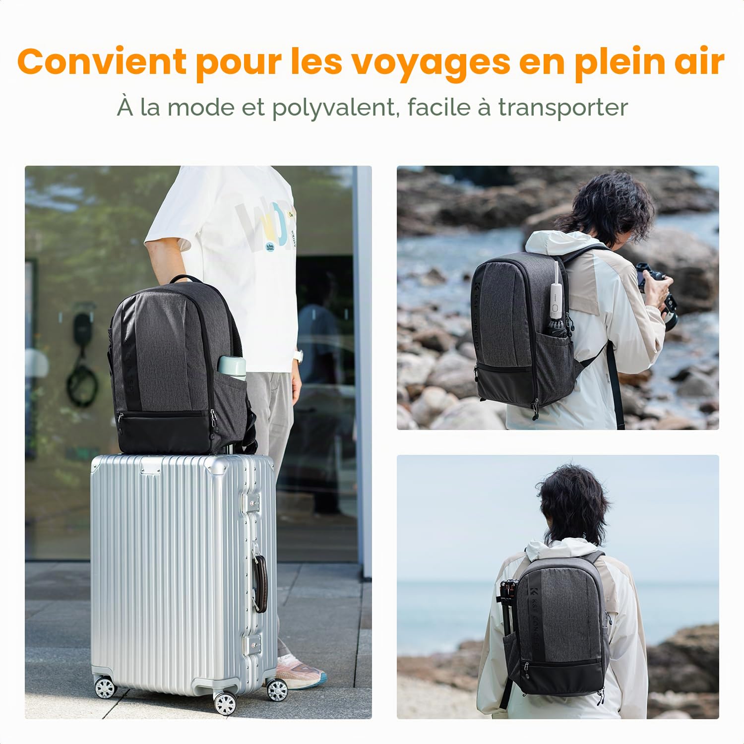 K&F CONCEPT Sac à Dos pour Appareil Photo, avec Housse de Pluie Grande capacité de 18L, avec Compartiment pour Ordinateur Portable de 15,6"