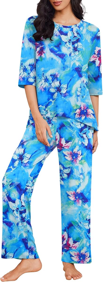 Ekouaer Womens Pajamas Set 2 Piece 3/4 Sleeve Tops Long Pants Pj Set | Soft Sleepwear for Women with Pockets Funny Printed Loungewear Set Comfy Pjs for Home Sleeping Relaxing and Daily Wear